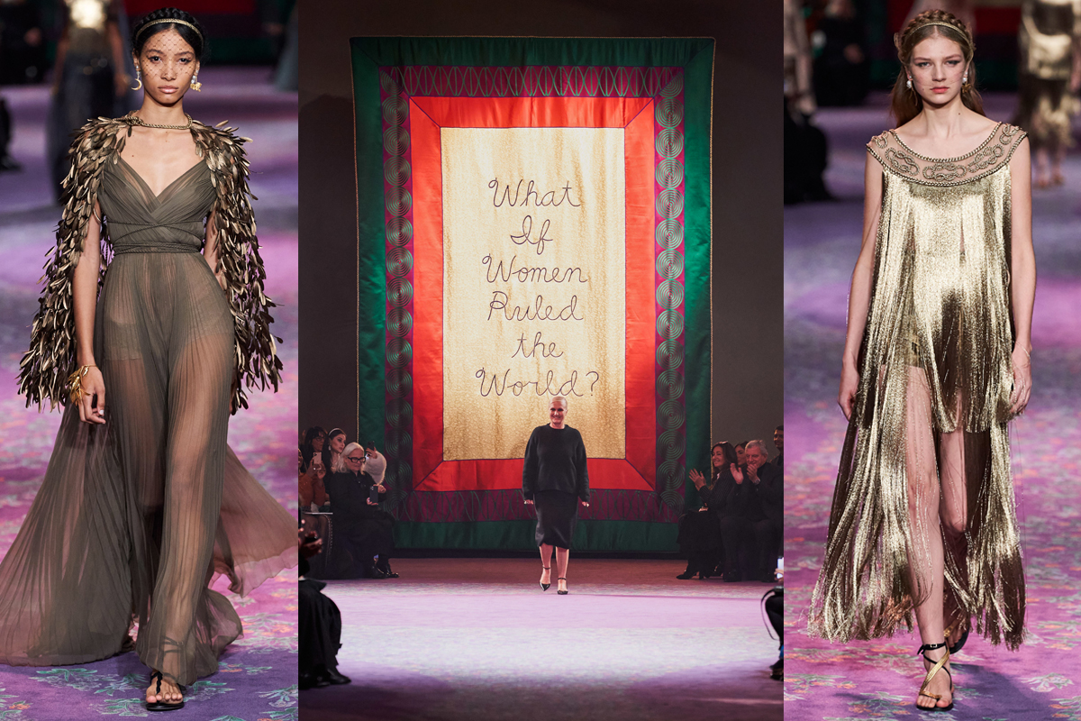 Em desfile de alta costura, Dior usa painéis com bordados feministas e sugere mundo governado por mulheres