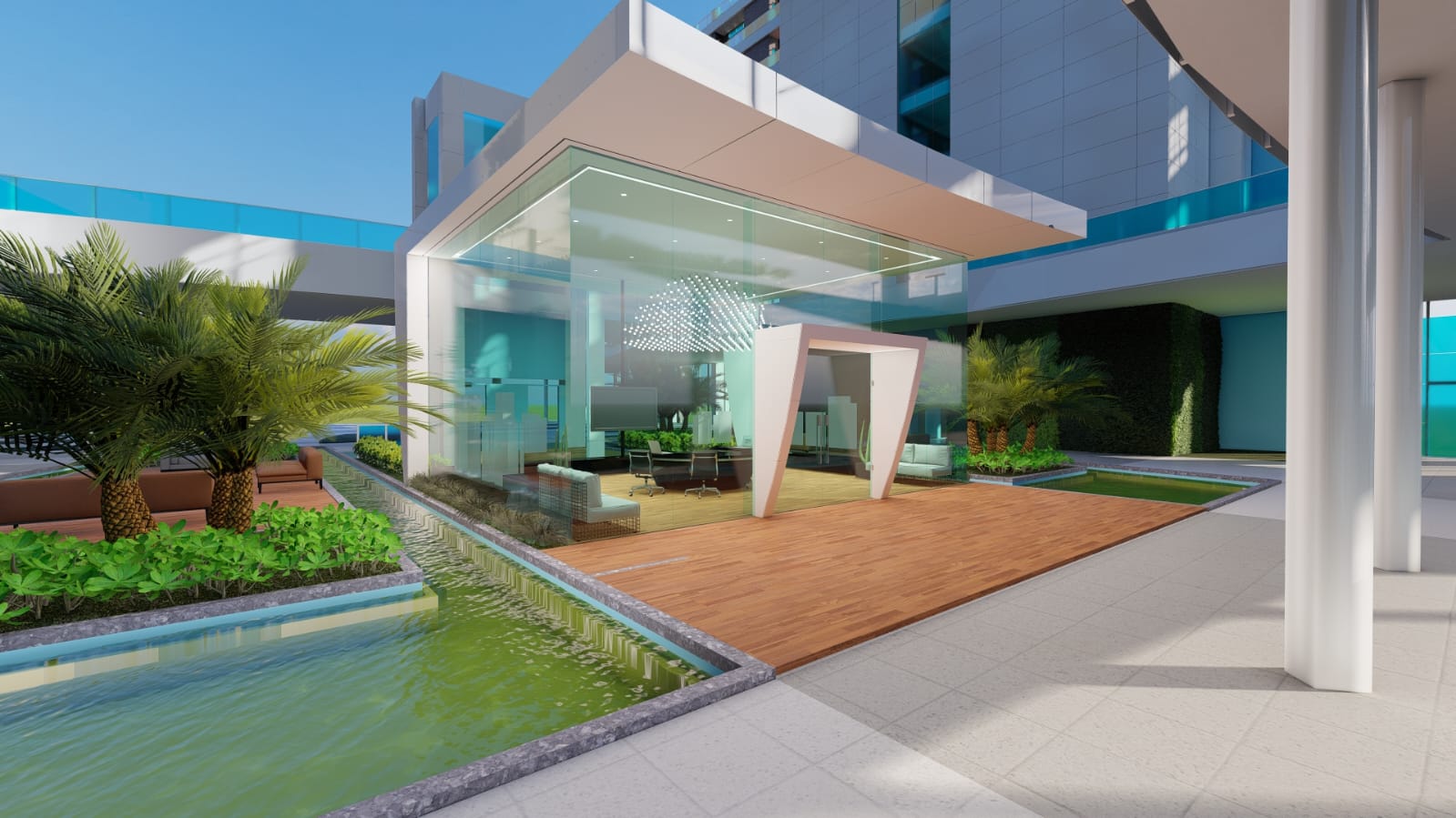 BS Design inova com cubo de vidro e metal na praça do empreendimento